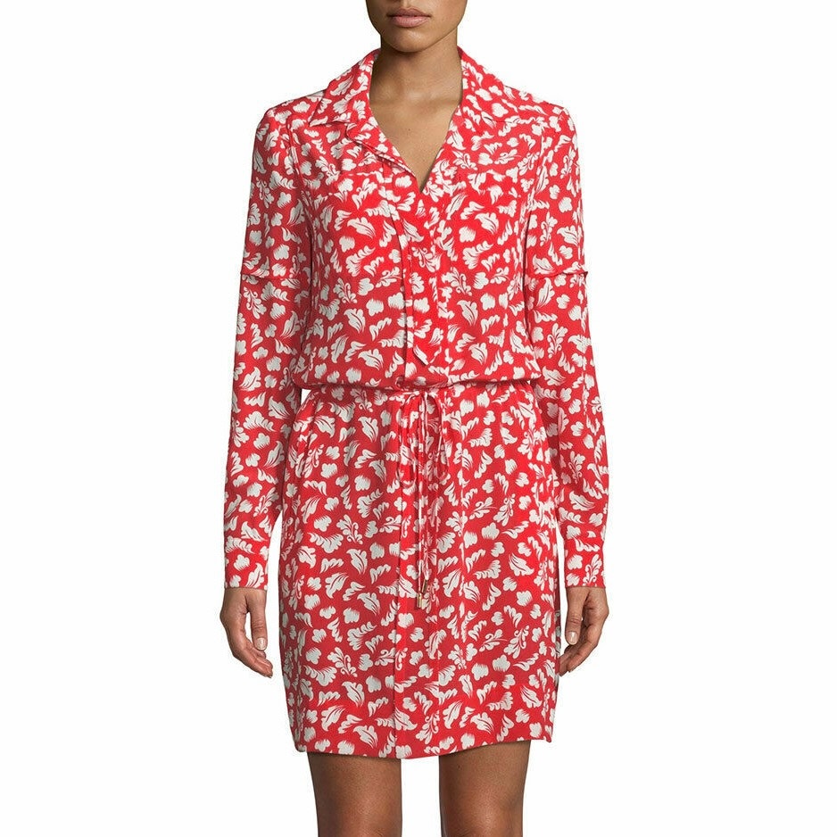 Diane Von Furstenberg 100% Silk Taya Red Dress Size 14 Long Sleeve Tie Waist
